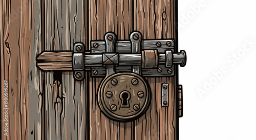 Rustic wooden door secured with a heavy metal latch and padlock