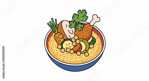 Whimsical cartoon illustration of a hearty meal served in a blue bowl