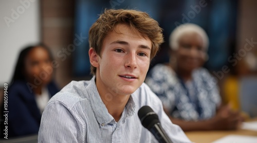 Young male student with brown hair speaks into a microphone during a meeting, seated at a table with blurred figures in the background