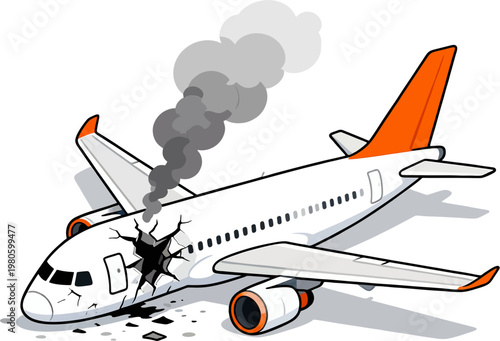 Cartoon Airplane Crash Vector Illustration, Broken Damaged Plane Fuselage Hole Smoke Debris Orange Tail Aviation Wreck