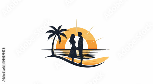 Silhouette of a couple holding hands on a tropical beach at sunset