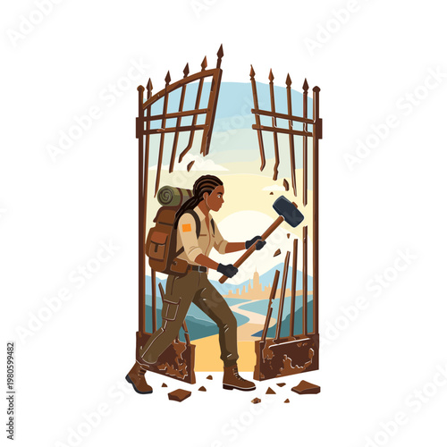 A person smashing through a broken gate with a sledgehammer outdoors.