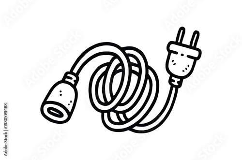 Coiled power extension cord with plug and socket for appliance and tool use, flat vector illustration