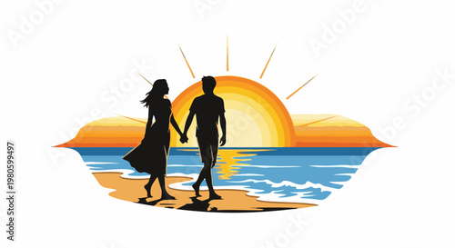 Couple walking hand-in-hand on a beach at sunset