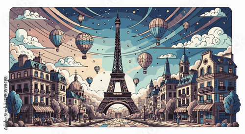 Pixelated Paris scene with Eiffel Tower and hot air balloons at dusk