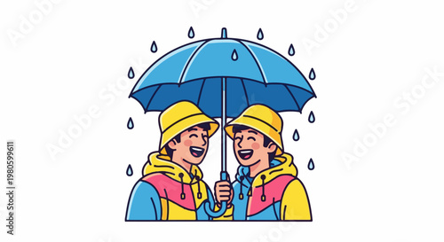 Two joyful people sharing an umbrella in the rain