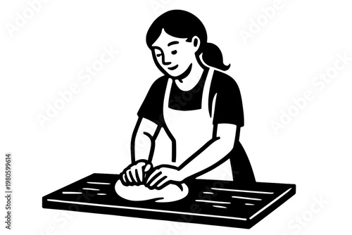 Woman kneading bread dough on countertop for baking or recipe design flat vector illustration