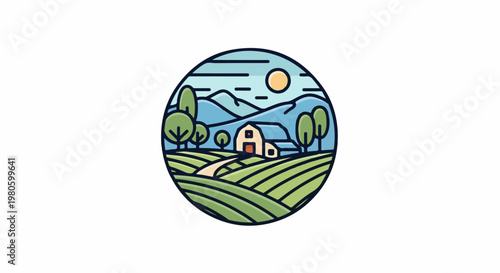 A stylized circular depiction of a rural farm scene with rolling fields and a barn