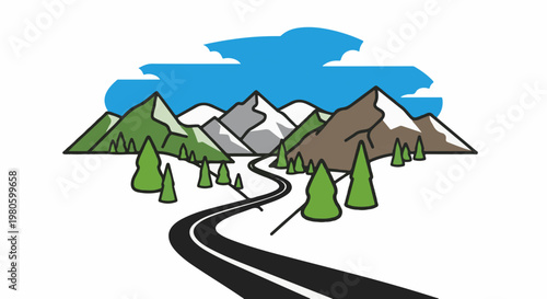 Winding road through a stylized mountainous landscape with trees