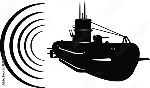 Submarine, underwater vehicle, sonar waves, black silhouette, vector icon