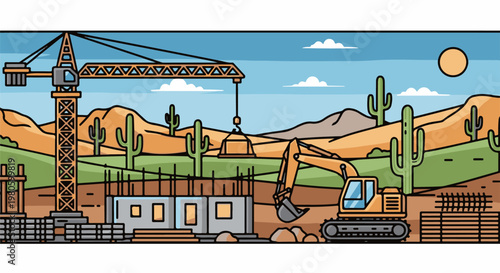 Desert construction site with crane, excavator, foundation, and cacti under sunny sky