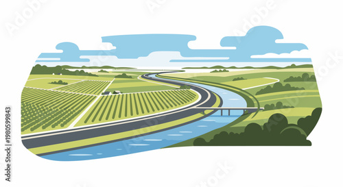 Gentle curves of a canal and road wind through lush green farmland under blue skies