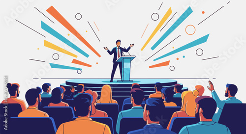 Speaker on podium addresses an audience seated in rows, abstract background