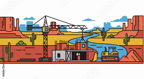Desert construction with crane, bulldozer, and new building by river