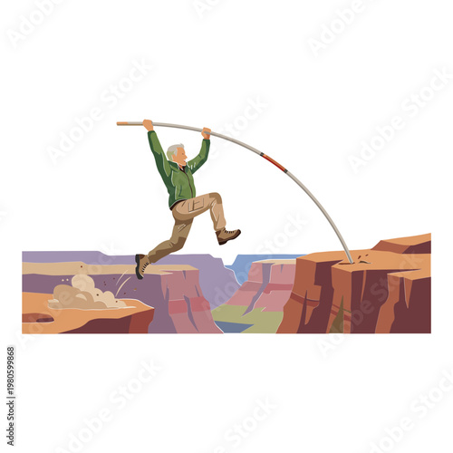 Man jumps over canyon with rope in adventurous landscape scene