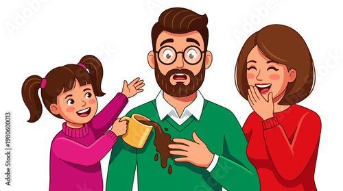 Cartoon Illustration of a Clumsy Daughter Spilling Coffee on her Shocked Father's Sweater while Mother Laughs, Family Accident and Humorous Mishap Concept