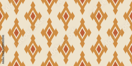 Ikat abstract seamless pattern. Geometric vector print with tribal motif and dye texture. Traditional Uzbekistan ornament. Oriental decorative ornament.