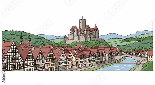 Old European town with half-timbered houses, river, bridge, church, and castle on hill