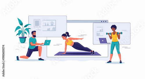 People engaging in various fitness exercises at home with online virtual training and digital workout programs.