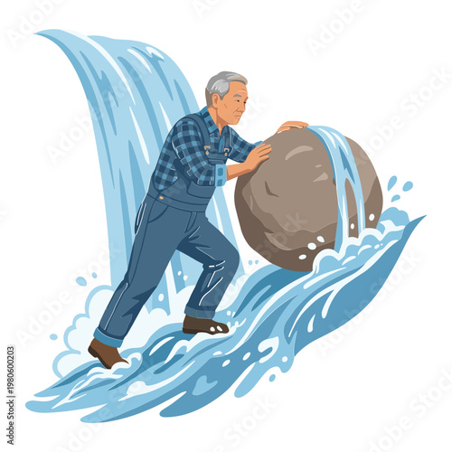 Man struggles to move large boulder against rushing water flow.