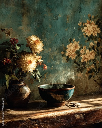 Vertical rustic still life photography with steaming ceramic bowl beside floral vase on textured background for vintage home decor inspiration