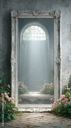Vertical ornate vintage mirror reflecting enchanted garden with blooming flowers and sunlight through arched window frame for interior design inspiration and serene home decor