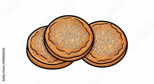 Three round, flat, golden-brown baked goods topped with small white sugar crystals