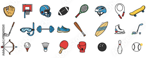 Hand Drawn Sports Equipment Icons Set
