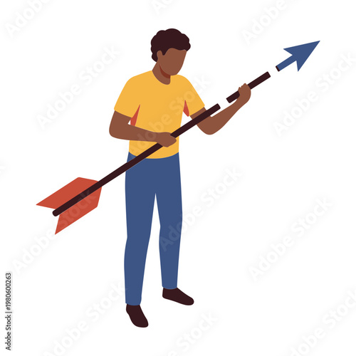 A man holds a large arrow standing still indoors.