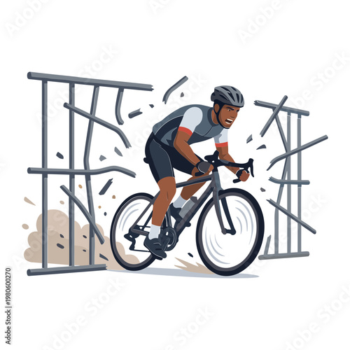 Cyclist rides aggressively through broken metal fence on road bike
