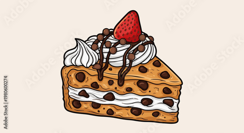 A delectable slice of chocolate chip cookie cake with frosting and fruit