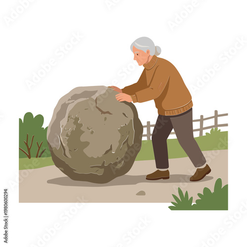 Elderly woman pushing a large boulder on a path in a rural area