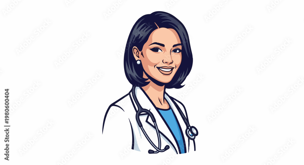 Fototapeta premium Cartoon woman doctor wearing a white coat and stethoscope, smiling