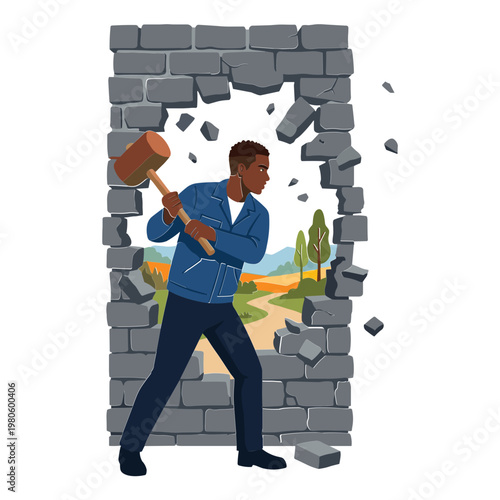 Man breaking through brick wall with sledgehammer in countryside landscape