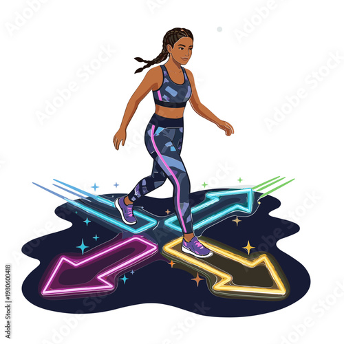 Woman in sports wear stepping on neon arrows on dark ground