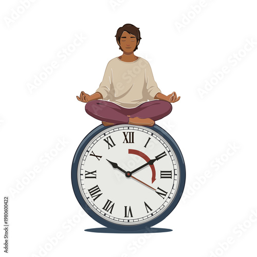 Man meditates on large clock sitting in lotus position outdoors