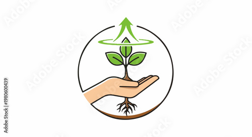 Hand holding seedling with upward growth arrow