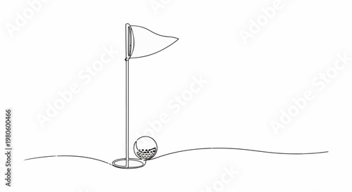 Minimalist golf flag and ball illustration on a white background