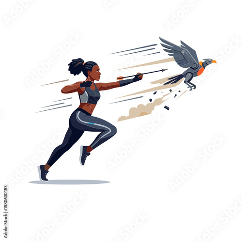 A woman runs quickly while throwing a spear at a flying bird.