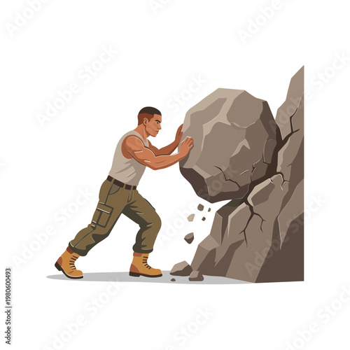 Man pushing large boulder up steep rocky mountain side with effort