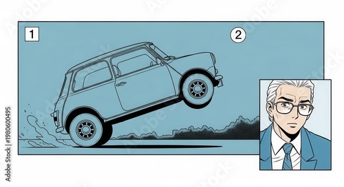 Mini Cooper car doing a wheelie, man in suit inset