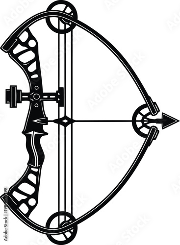 Compound bow, archery equipment, bow and arrow, hunting gear, black vector icon