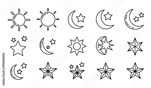 Day night icon set sun moon stars outline vector editable stroke