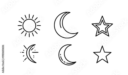 Sun moon star outline icons vector editable stroke minimal set