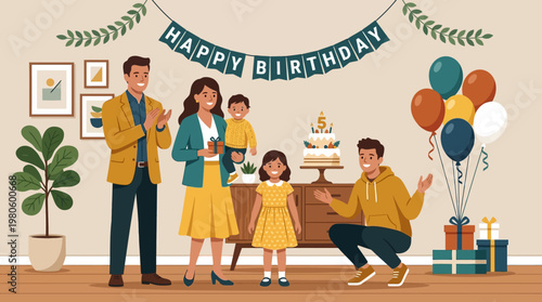 Happy Family Celebrating 5th Birthday Party at Home with Cake and Balloons, Flat Vector Illustration