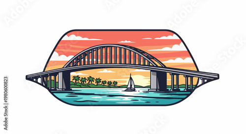 A stylized, tropical bridge scene at sunset with a sailboat on the water