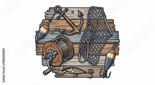 Assortment of fishing gear and maritime anchor displayed on weathered wooden planks