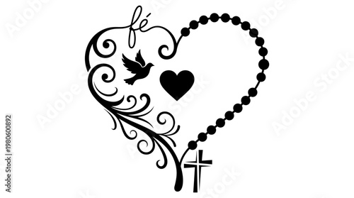 Christian Heart Silhouette with Rosary, Cross, Dove, and 'Fé' Faith Text; Religious Spiritual Vector Design