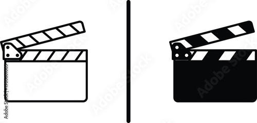 A film clapperboard icon in black and white on a clean background