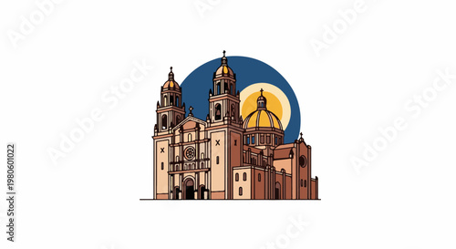 Stylized illustration of a grand cathedral with twin towers and golden dome